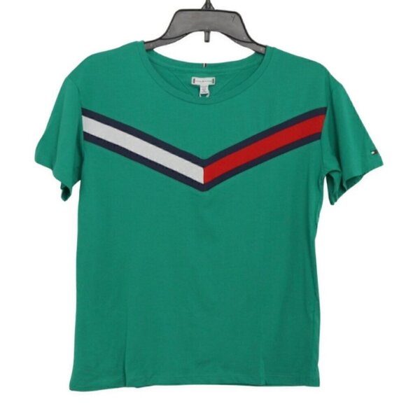 Tommy Hilfiger Green Flag Tape Short Sleeve Shirt Size 7 - Picture 1 of 4